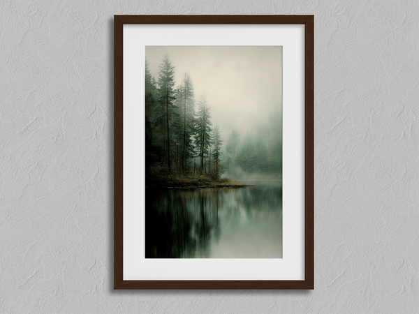 Framed fine art print of misty pine reflections on still water. A tranquil woodland lake scene, printed on archival paper and ready to hang.