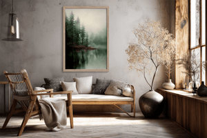 Misty pine reflection wall art styled in a calm neutral interior
