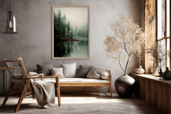 Framed fine art print of misty pine reflections on still water. A tranquil woodland lake scene, printed on archival paper and ready to hang.