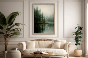 Misty pine reflection wall art styled in a calm neutral interior