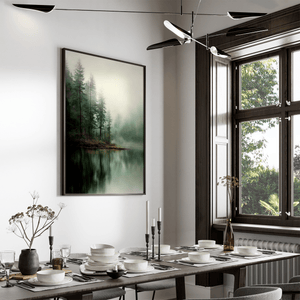 Misty pine reflection wall art styled in a calm neutral interior