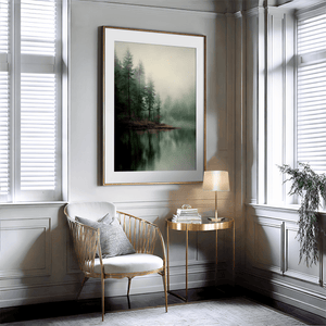 Misty pine reflection wall art styled in a calm neutral interior