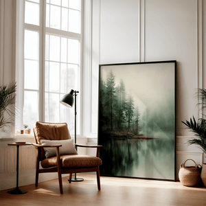 Misty pine reflection wall art styled in a calm neutral interior