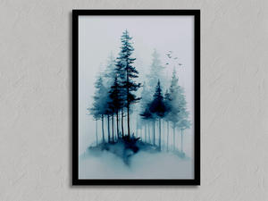 Framed misty pine tree print by Atelier Lumin