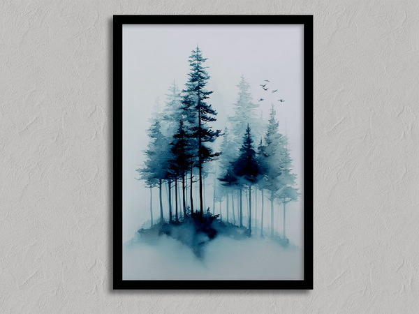 Framed watercolour pine forest art print in mist. A minimalist, tranquil artwork evoking calm and nature’s quiet resilience.