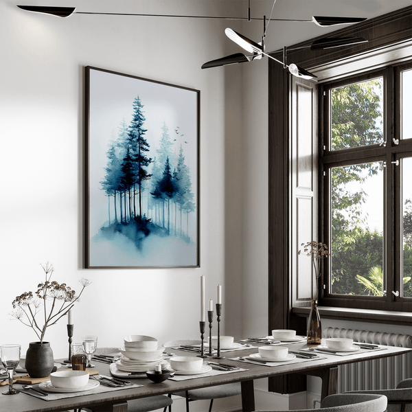 Framed watercolour pine forest art print in mist. A minimalist, tranquil artwork evoking calm and nature’s quiet resilience.