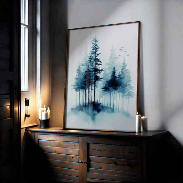 Framed watercolour pine forest art print in mist. A minimalist, tranquil artwork evoking calm and nature’s quiet resilience.