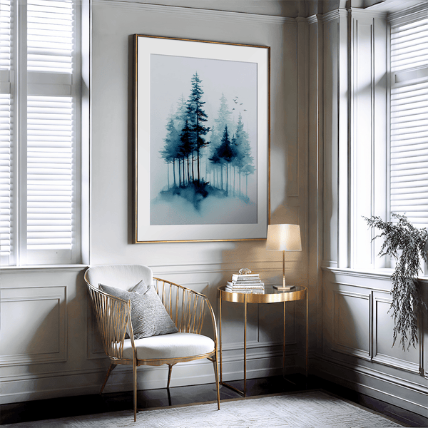 Framed watercolour pine forest art print in mist. A minimalist, tranquil artwork evoking calm and nature’s quiet resilience.