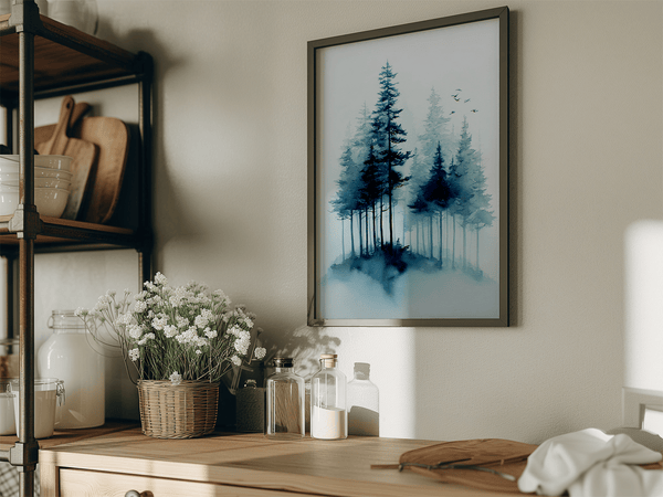 Framed watercolour pine forest art print in mist. A minimalist, tranquil artwork evoking calm and nature’s quiet resilience.