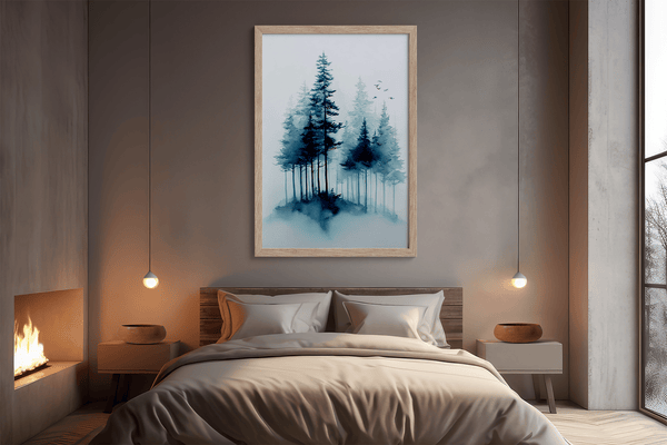 Framed watercolour pine forest art print in mist. A minimalist, tranquil artwork evoking calm and nature’s quiet resilience.