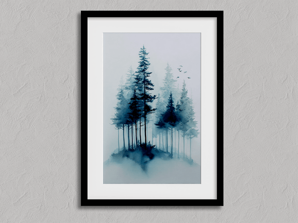 Framed watercolour pine forest art print in mist. A minimalist, tranquil artwork evoking calm and nature’s quiet resilience.