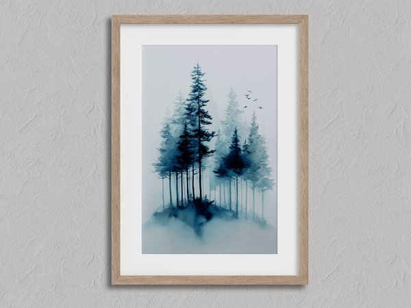 Framed watercolour pine forest art print in mist. A minimalist, tranquil artwork evoking calm and nature’s quiet resilience.