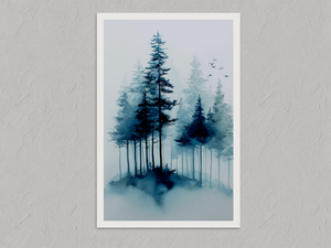 Stillness in Ink – Watercolour Pine Wall Art, unframed print with a white border