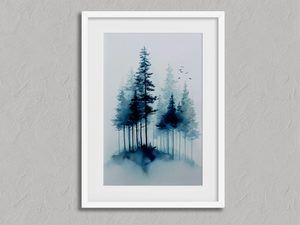 Stillness in Ink – Watercolour Pine Wall Art in a white frame with a mount