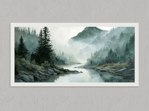 Stillwater Hollow – Misty Mountain River Wall Art Print, unframed print with a white border