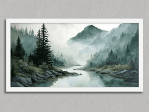 Stillwater Hollow – Misty Mountain River Wall Art Print in a white frame, no mount