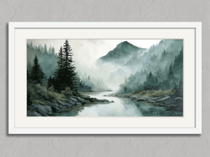 Stillwater Hollow – Misty Mountain River Wall Art Print in a white frame with a mount