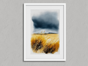 Storm over the Grasslands – Coastal Dune Grass Wall Art Print in a white frame with a mount