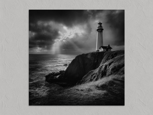 Storm Signal – Black and White Lighthouse Wall Art Print, unframed print with no border