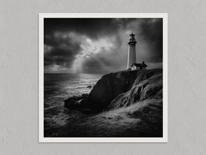 Storm Signal – Black and White Lighthouse Wall Art Print, unframed print with a white border