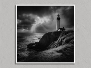 Storm Signal – Black and White Lighthouse Wall Art Print in a white frame, no mount