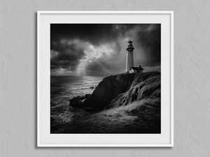 Storm Signal – Black and White Lighthouse Wall Art Print in a white frame with a mount
