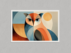 Sunlit Vigil – Geometric Owl Wall Art Print, unframed print with a white border