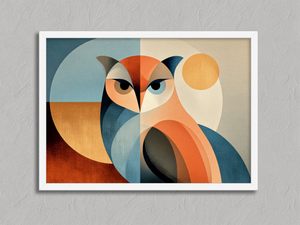 Sunlit Vigil – Geometric Owl Wall Art Print in a white frame, no mount