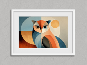 Sunlit Vigil – Geometric Owl Wall Art Print in a white frame with a mount