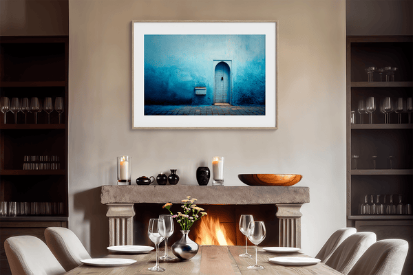 Framed fine art print of a Moroccan blue doorway. Minimalist travel-inspired wall art full of calm, texture, and timeless charm.