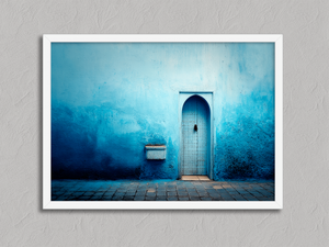 The Blue Wall – Moroccan Doorway Wall Art in a white frame, no mount