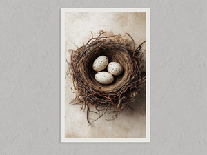 Three Small Beginnings – Bird Nest Wall Art Print, unframed print with a white border