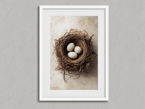 Three Small Beginnings – Bird Nest Wall Art Print in a white frame with a mount