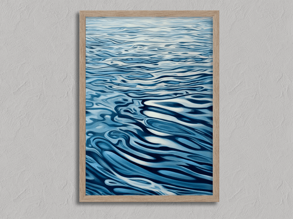 Discover Tranquil Drift, a calming abstract water reflection wall art print in navy & sky blue — perfect for modern minimalist interiors.