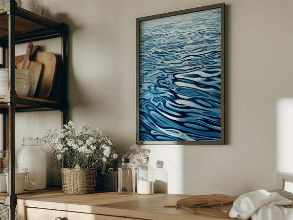 Discover Tranquil Drift, a calming abstract water reflection wall art print in navy & sky blue — perfect for modern minimalist interiors.
