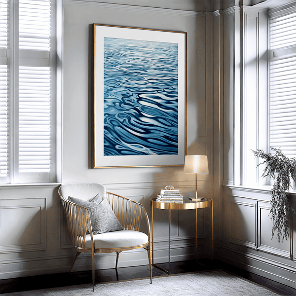 Discover Tranquil Drift, a calming abstract water reflection wall art print in navy & sky blue — perfect for modern minimalist interiors.