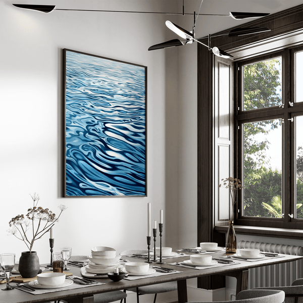 Discover Tranquil Drift, a calming abstract water reflection wall art print in navy & sky blue — perfect for modern minimalist interiors.