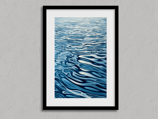 Discover Tranquil Drift, a calming abstract water reflection wall art print in navy & sky blue — perfect for modern minimalist interiors.