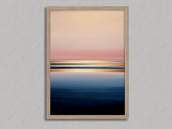 Framed wall art of a soft watercolour ocean sunrise in pastel tones. A calm, minimalist seascape print. Ready to hang.