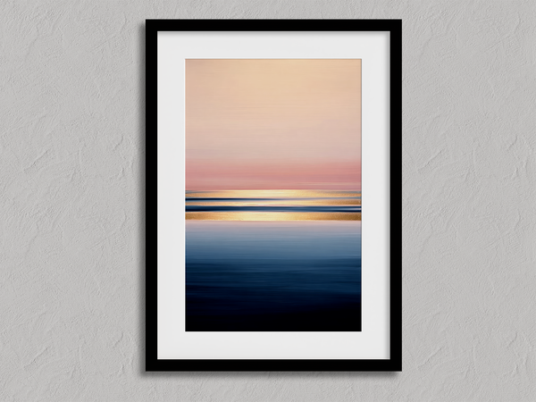 Framed wall art of a soft watercolour ocean sunrise in pastel tones. A calm, minimalist seascape print. Ready to hang.