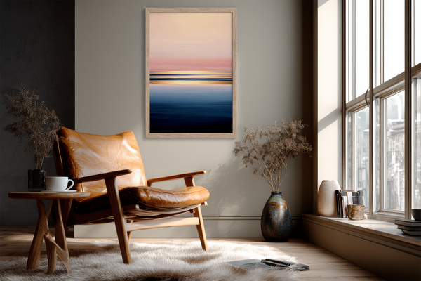 Framed wall art of a soft watercolour ocean sunrise in pastel tones. A calm, minimalist seascape print. Ready to hang.