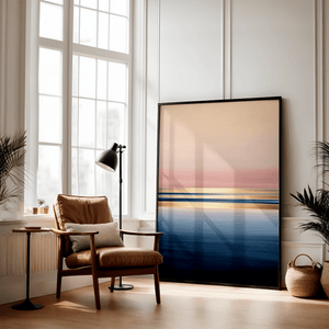 Ocean sunrise wall art styled in a calm neutral interior