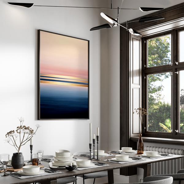 Framed wall art of a soft watercolour ocean sunrise in pastel tones. A calm, minimalist seascape print. Ready to hang.