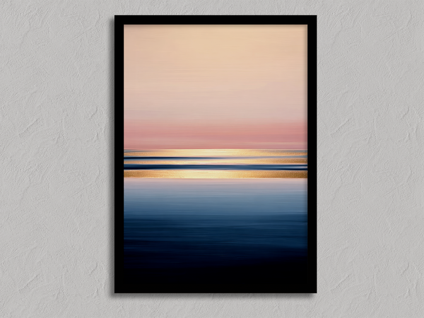 Framed wall art of a soft watercolour ocean sunrise in pastel tones. A calm, minimalist seascape print. Ready to hang.