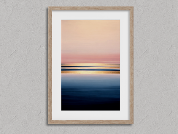 Framed wall art of a soft watercolour ocean sunrise in pastel tones. A calm, minimalist seascape print. Ready to hang.
