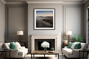 Dunstanburgh Castle sunset wall art styled in a calm neutral interior