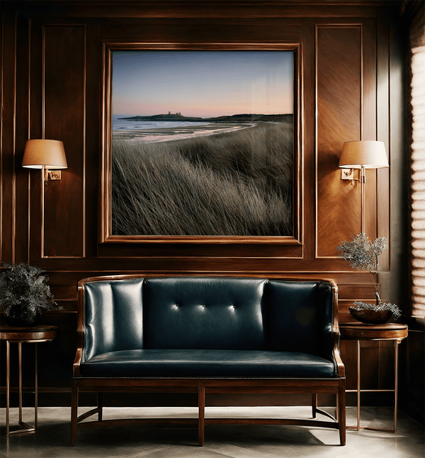 Serene Northumberland Castle at sunset with seagrass and tidal reflections — a tranquil wall art print for peaceful, coastal-inspired interiors.
