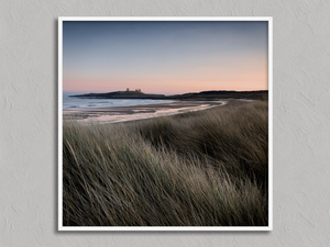 Tranquil Reflections – Northumberland Castle Wall Art in a white frame, no mount