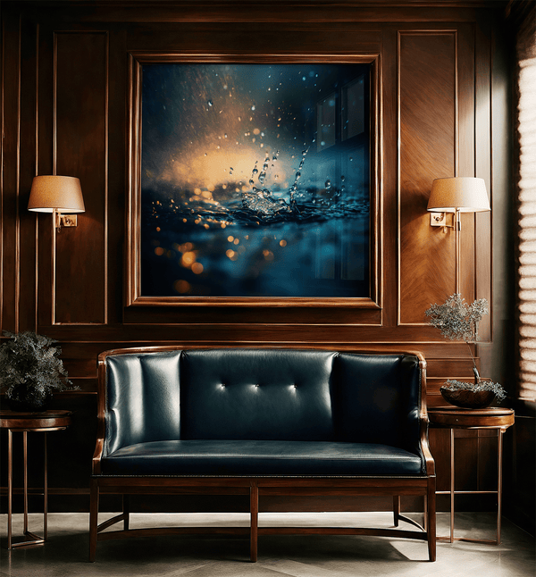 Capture serenity with vivid blues, greens, and golden light in this rainfall-inspired wall art print — a calming focal piece for any interior.