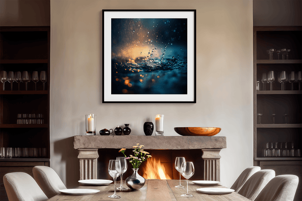 Capture serenity with vivid blues, greens, and golden light in this rainfall-inspired wall art print — a calming focal piece for any interior.